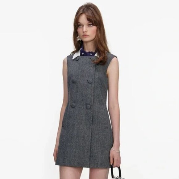 Self-Portrait Dresses & Skirts - Self-Portrait Grey Herringbone Scarf Detail Mini Dress in a wool blend material